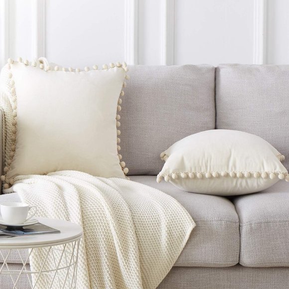 Set of 2 Ivory Soft Velvety Velour Pom Pom Trim Velvet Pillow Covers Pillows New - Picture 2 of 9